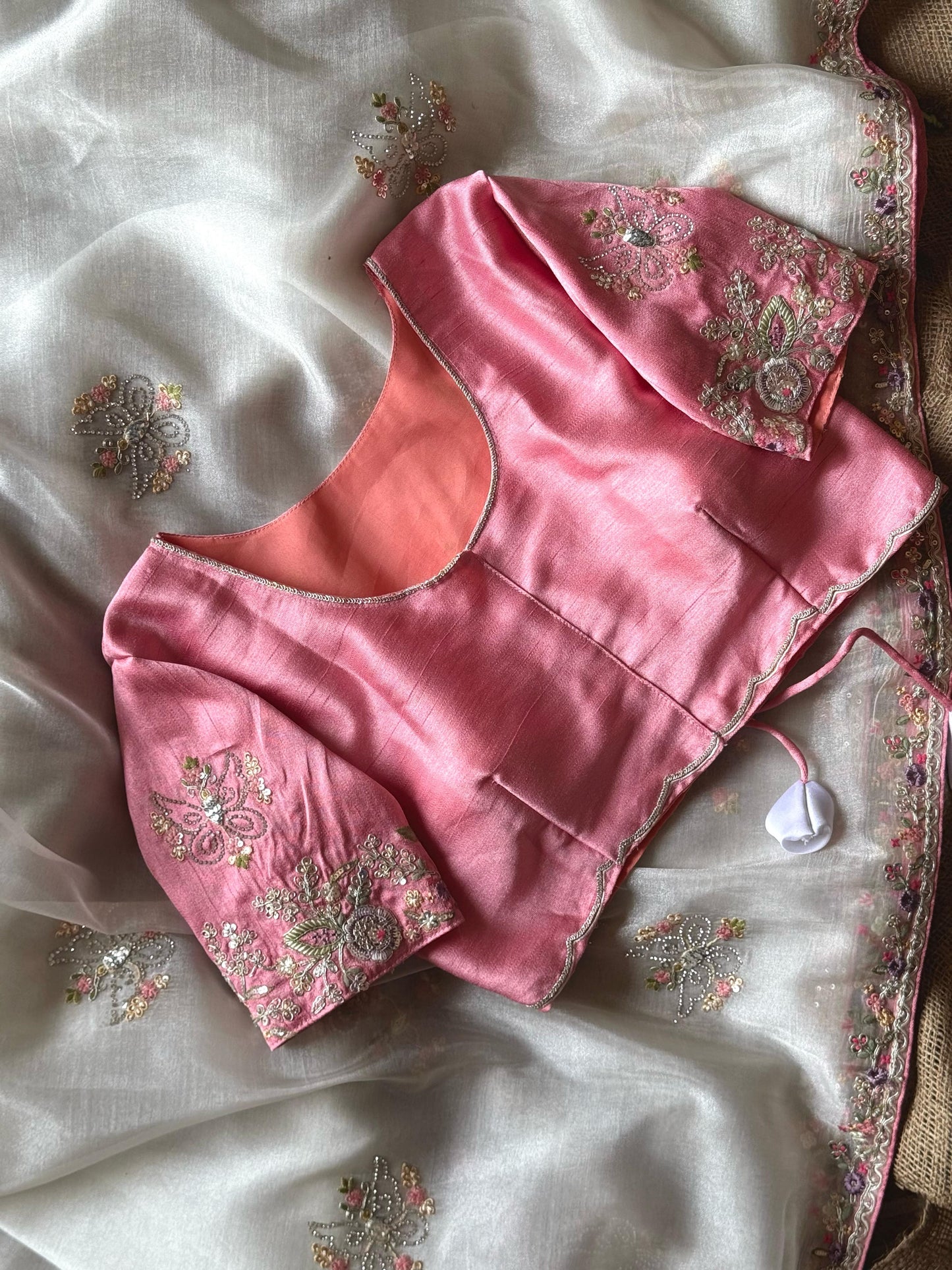 Premium organza with beautiful embroidery- White/Pink