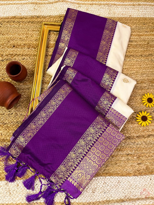 Beautiful semi kanjivaram soft silk woven saree - offwhite purple