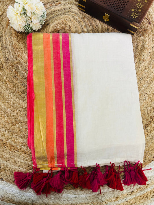Pure and authentic mul cotton saree with multicolor zari border and beautiful tassels