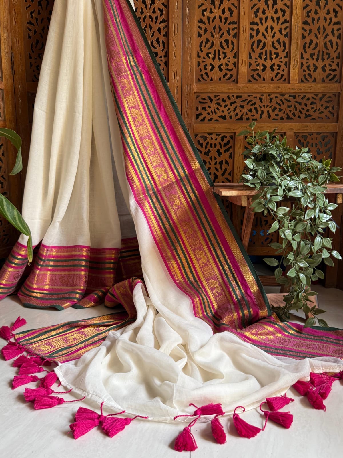 Pure and authentic mul cotton saree with broad kanchi weaved border
