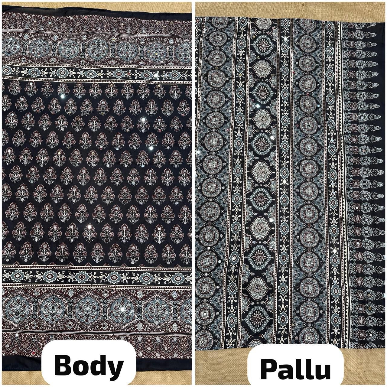 Beautiful semi crepe silk saree with ajrakh prints and mirror work