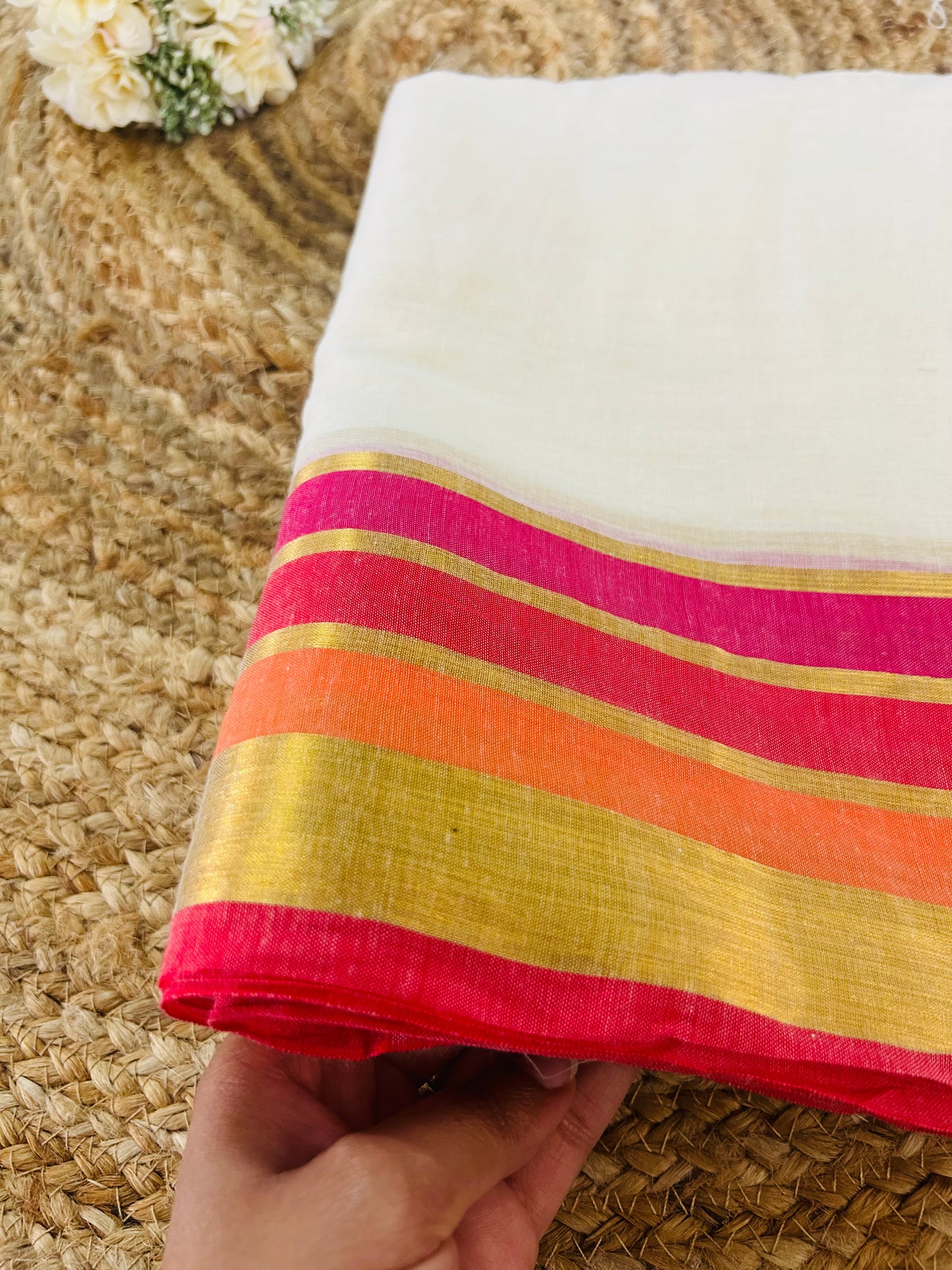 Pure and authentic mul cotton saree with multicolor zari border and beautiful tassels