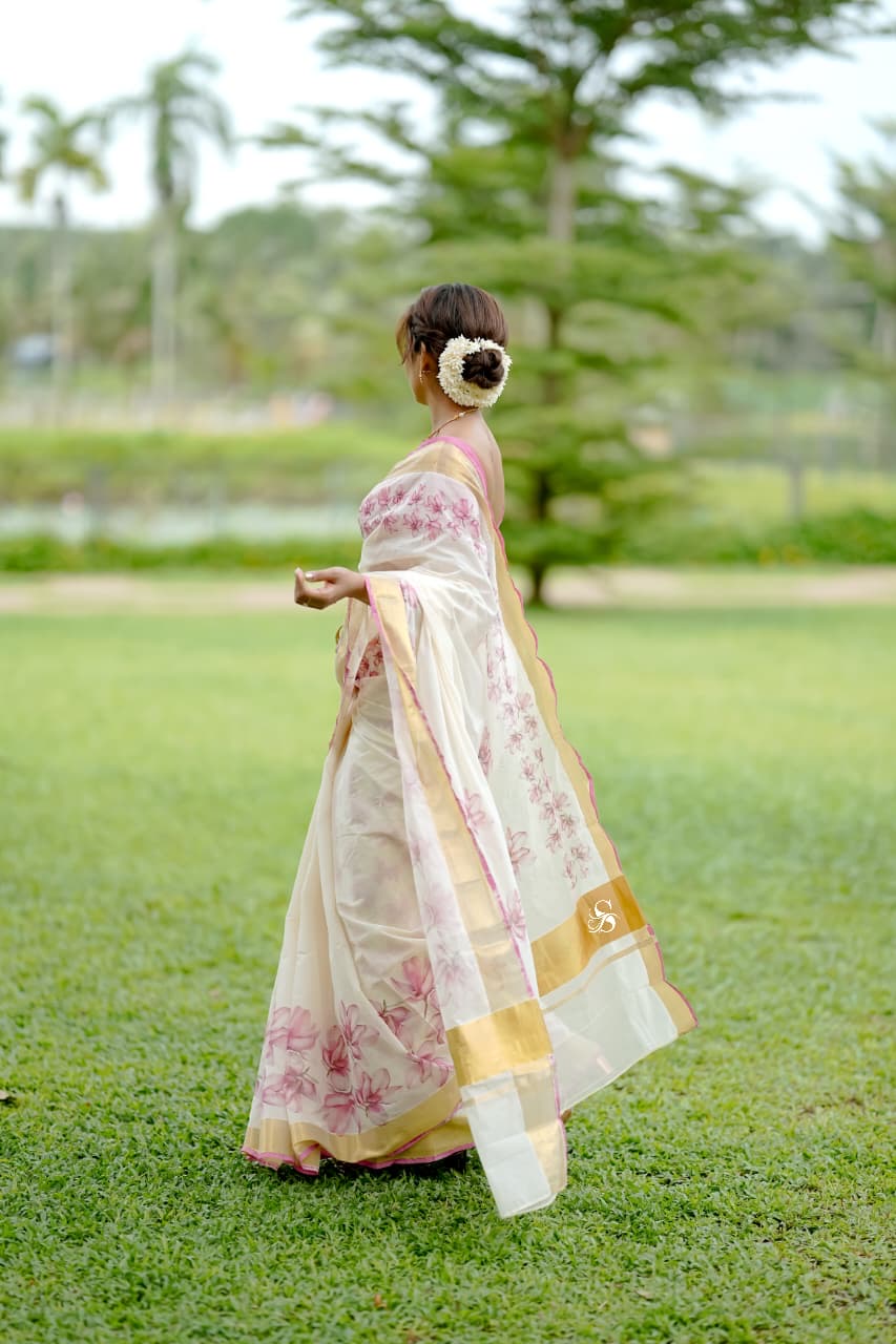 Premium Kerala cotton saree with beautiful pink floral digital prints (Prebooking 15 days)