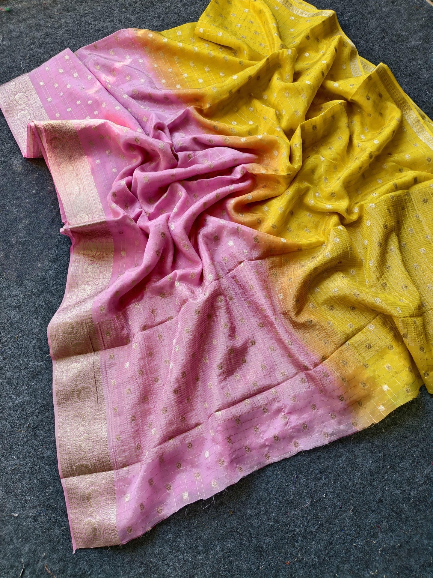 Soft ombre shaded chinon crepe silk saree with bandhini blouse piece