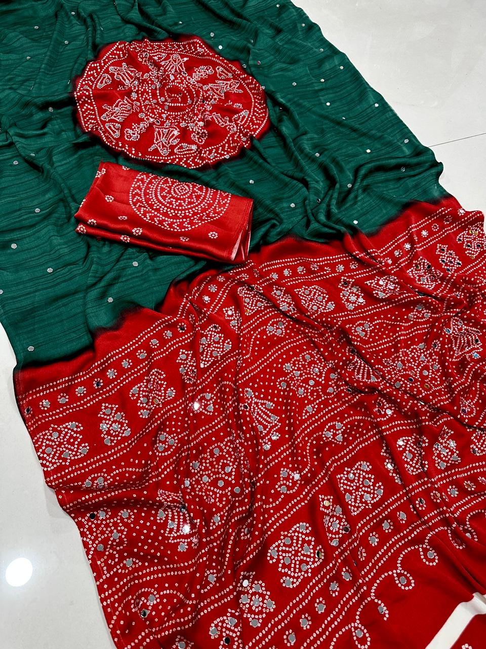 Soft satin crepe silk saree with Beautiful bandhini print and Real mirror work (prebooking)