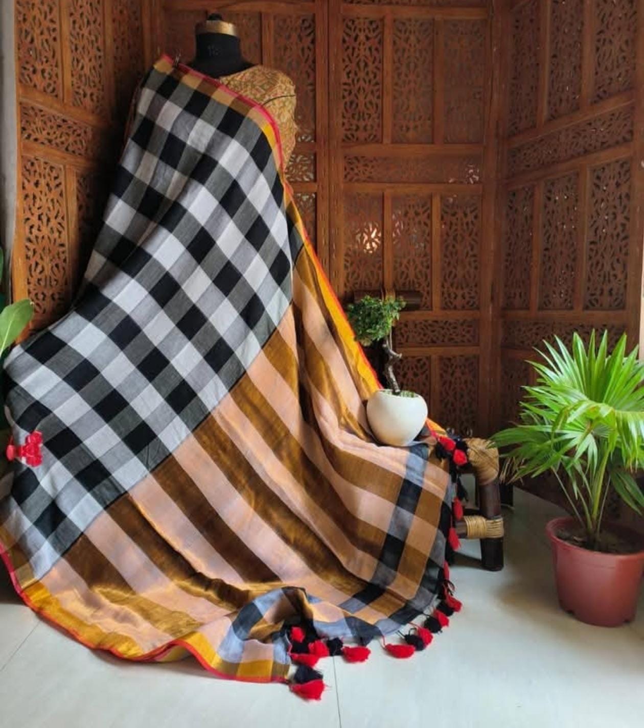 Beautiful pure authentic mul cotton saree with madras checks and woven border