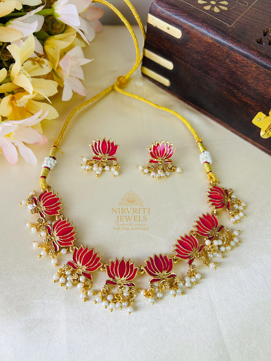Pink Lotus necklace with white beads
