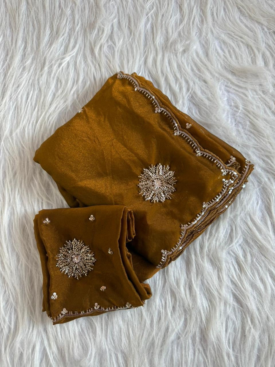 Gorgeous moss nylon mix handwork saree with intricate beads and sequins buttas and border