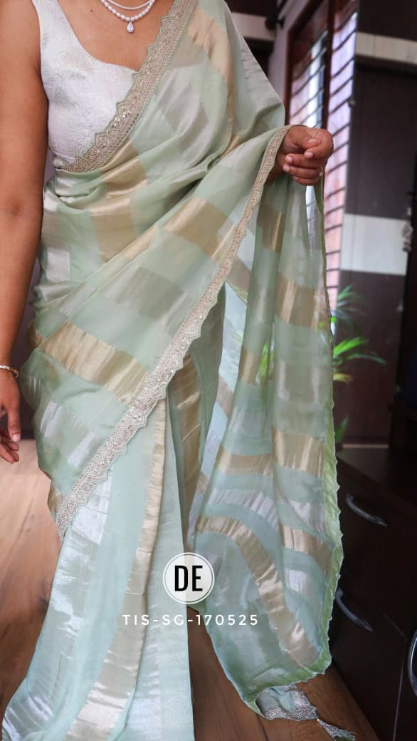 Pure organza tissue in silver and gold zari stripes saree