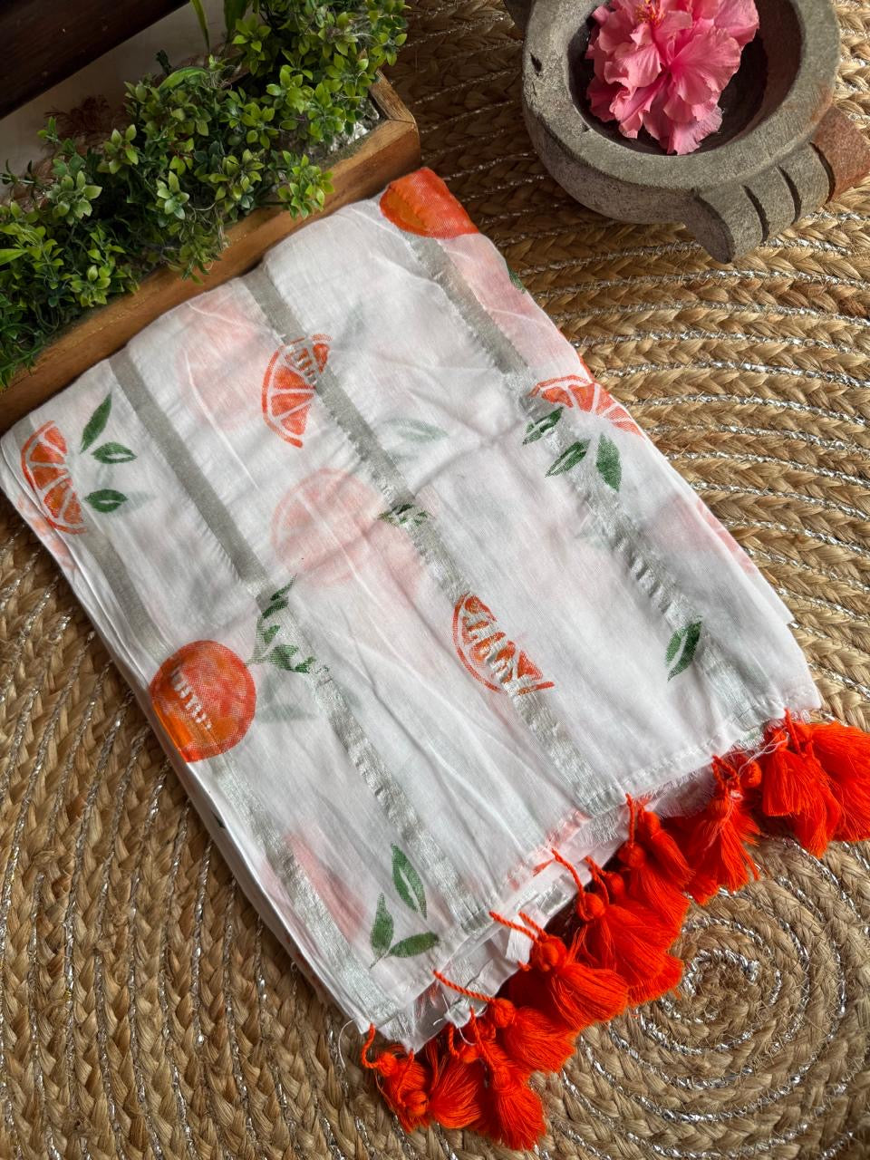 Pure mul cotton saree with cute prints and silver zari stripes