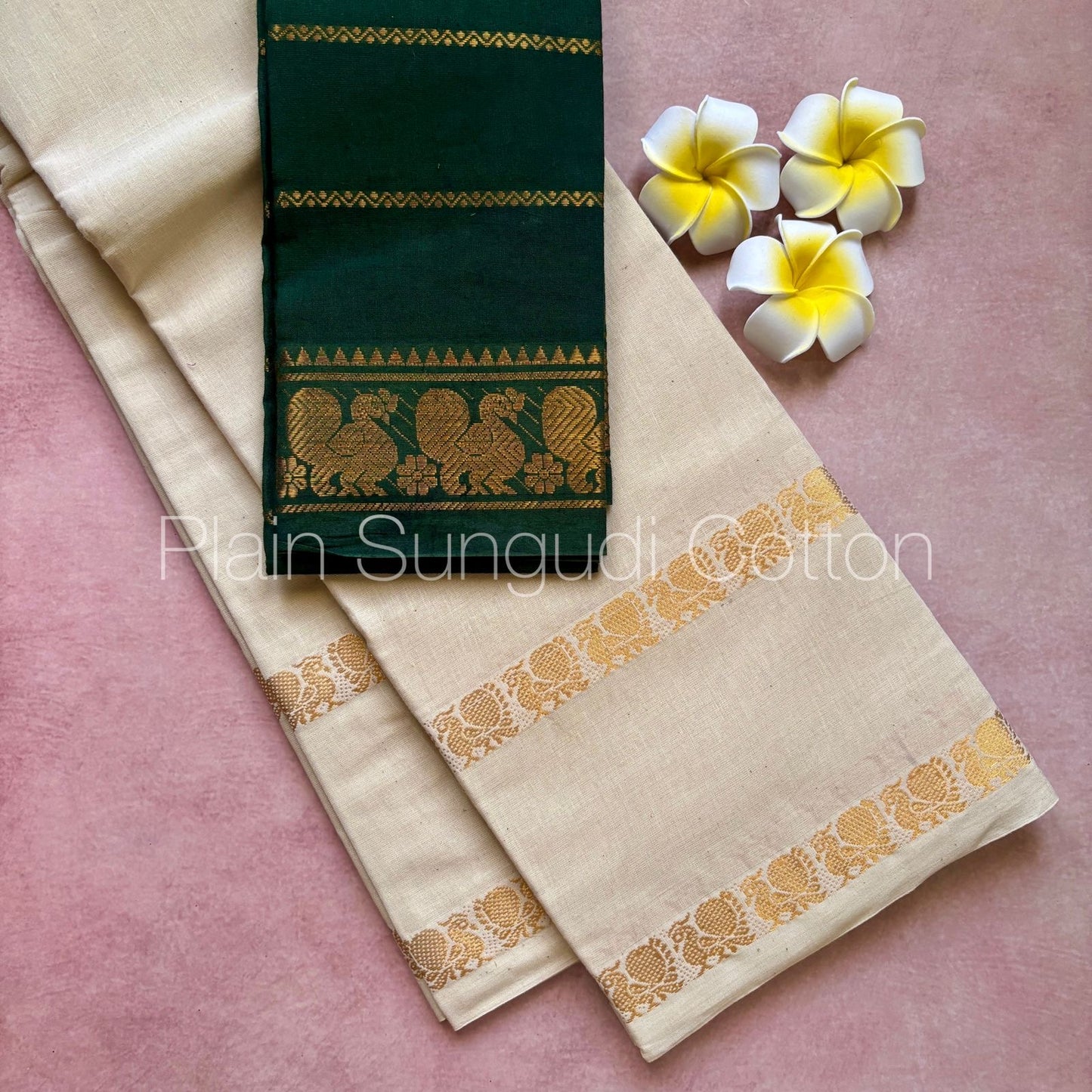 Pure plain sungudi cotton saree with double peacock border - white