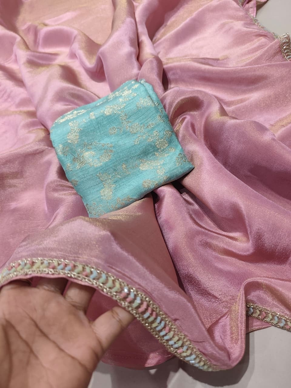 Pure tissue silk saree with handwork cutdana border and Banarasi weaving blouse