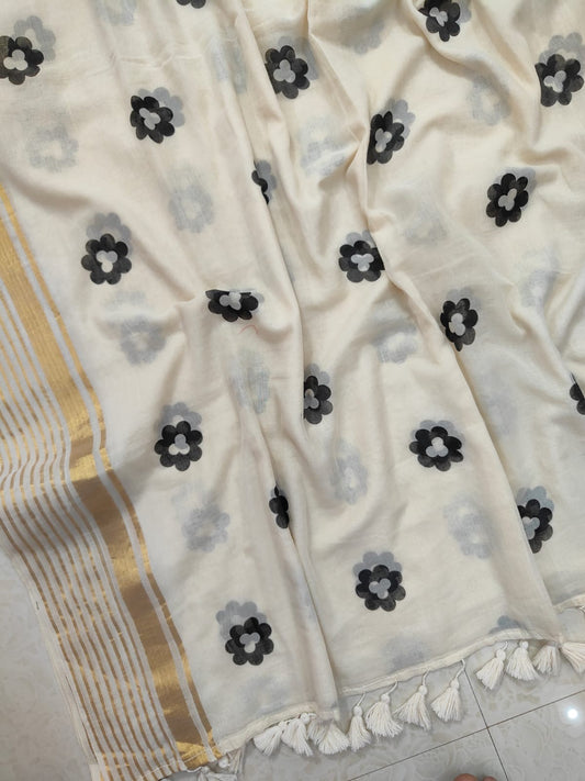 Pure and authentic mul cotton saree with black flowers