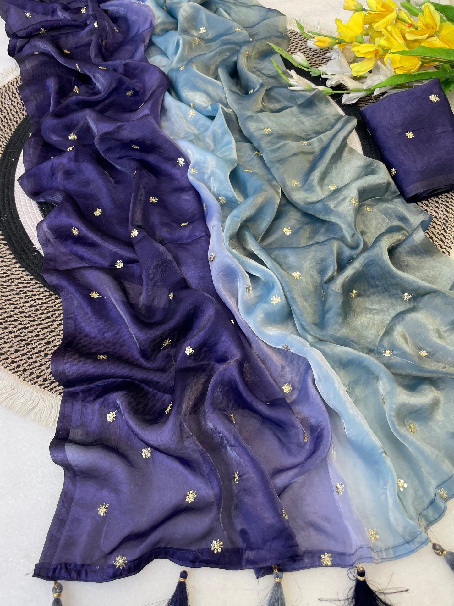 Ombré shaded fendi satin shimmer saree with sequins embroidery