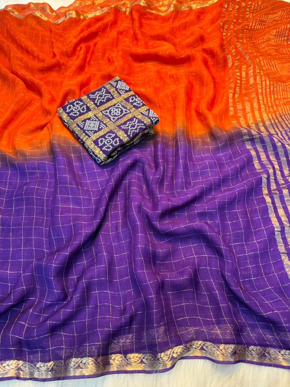 Beautiful ombre shaded viscous georgette check saree with bandhini blouse