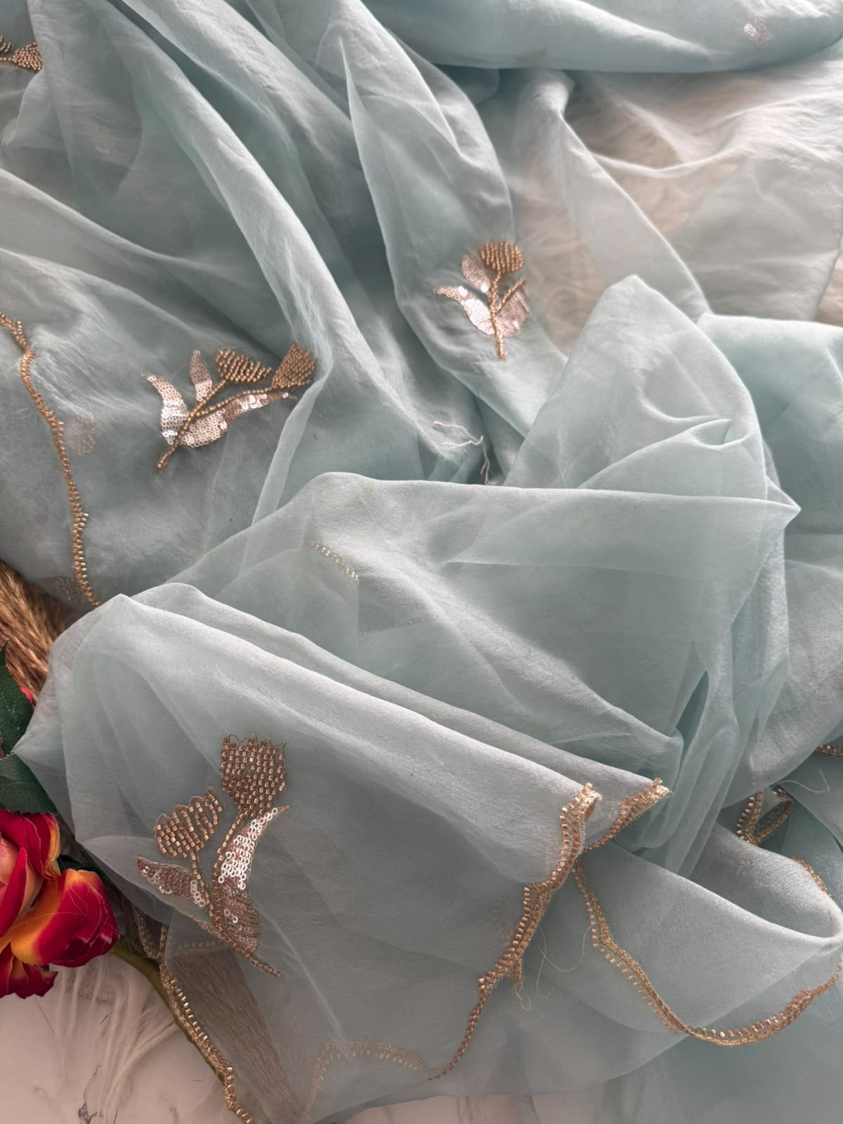 Premium semi tissue organza saree with beautiful cutdana work