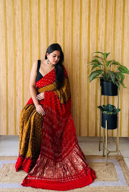 Soft modal silk with nakshi pallu and tye and dye bandhini prints