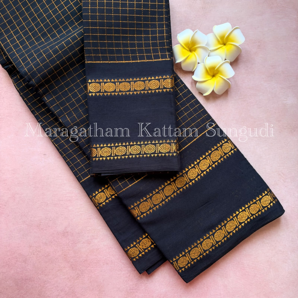 Premium pure sungudi cotton saree with checks and double rudraksham border