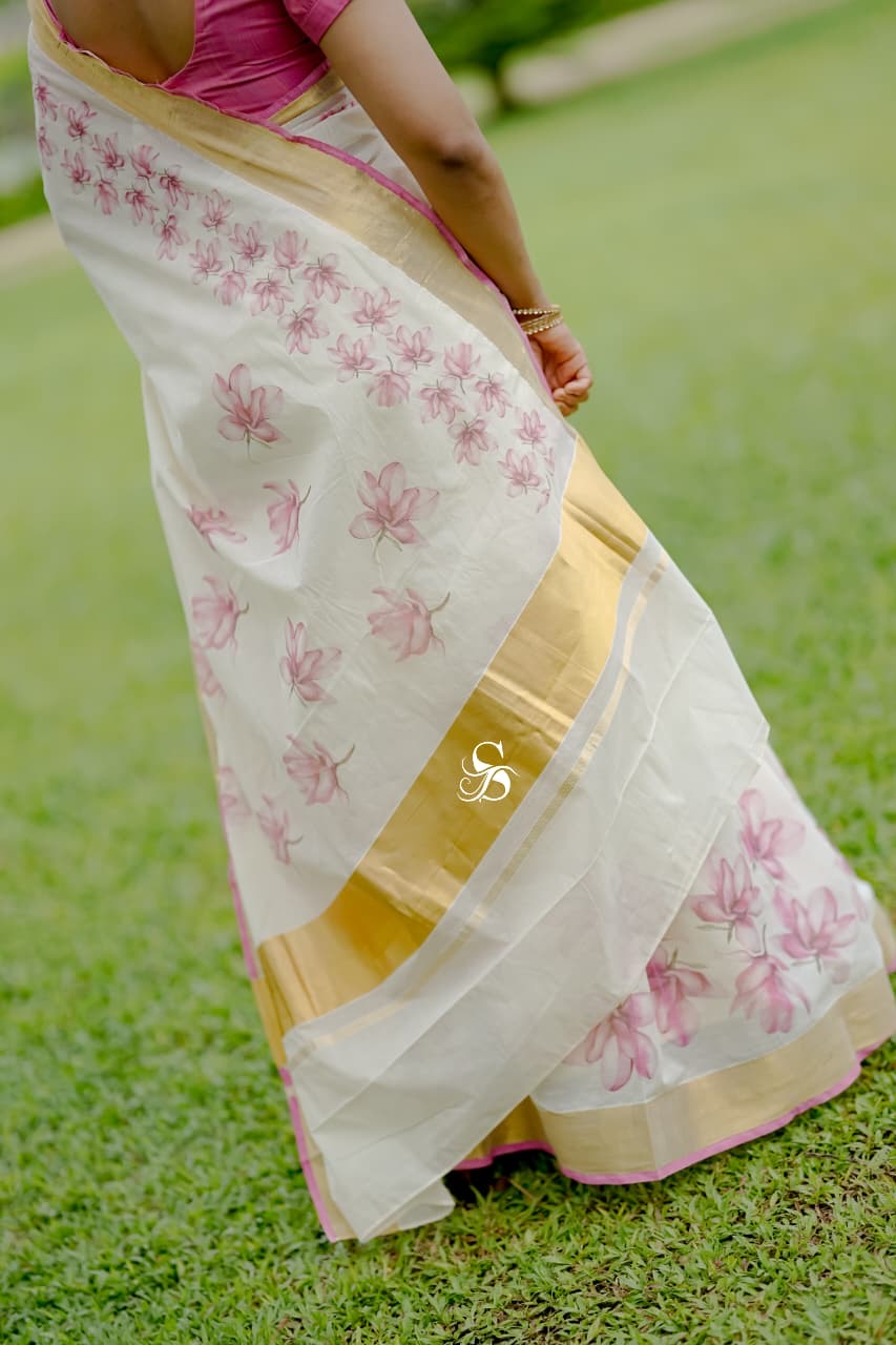 Premium Kerala cotton saree with beautiful pink floral digital prints (Prebooking 15 days)