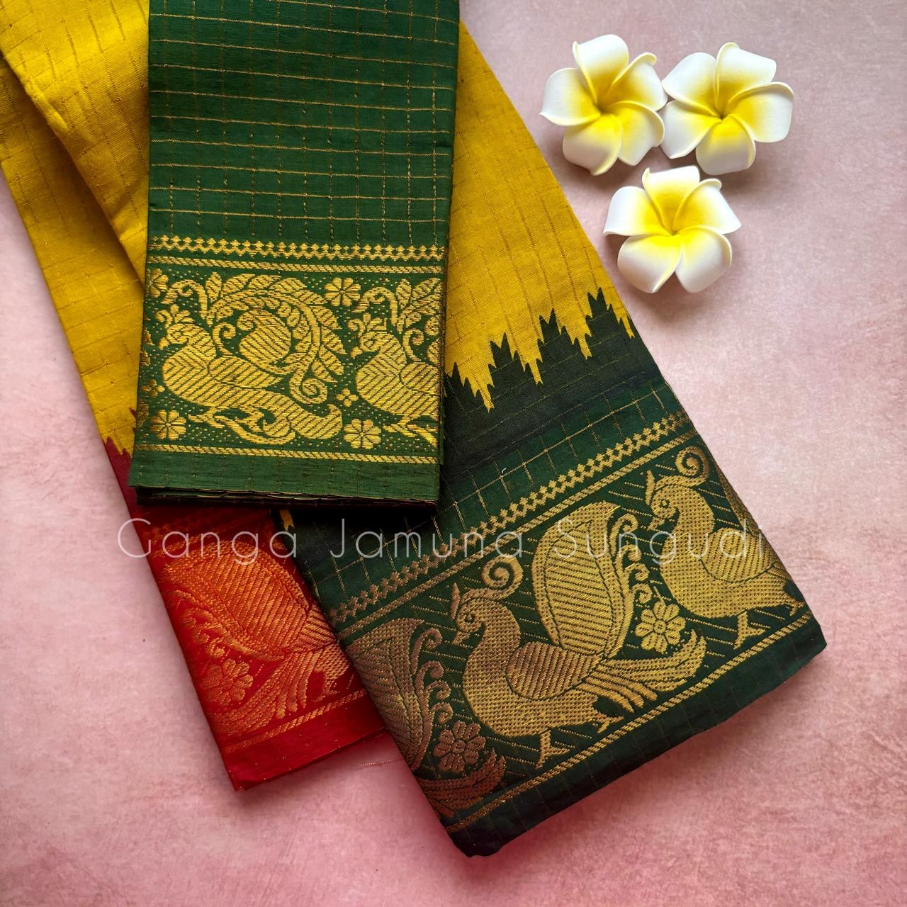 Premium zari kattam sungudi cotton saree with ganga jamuna border