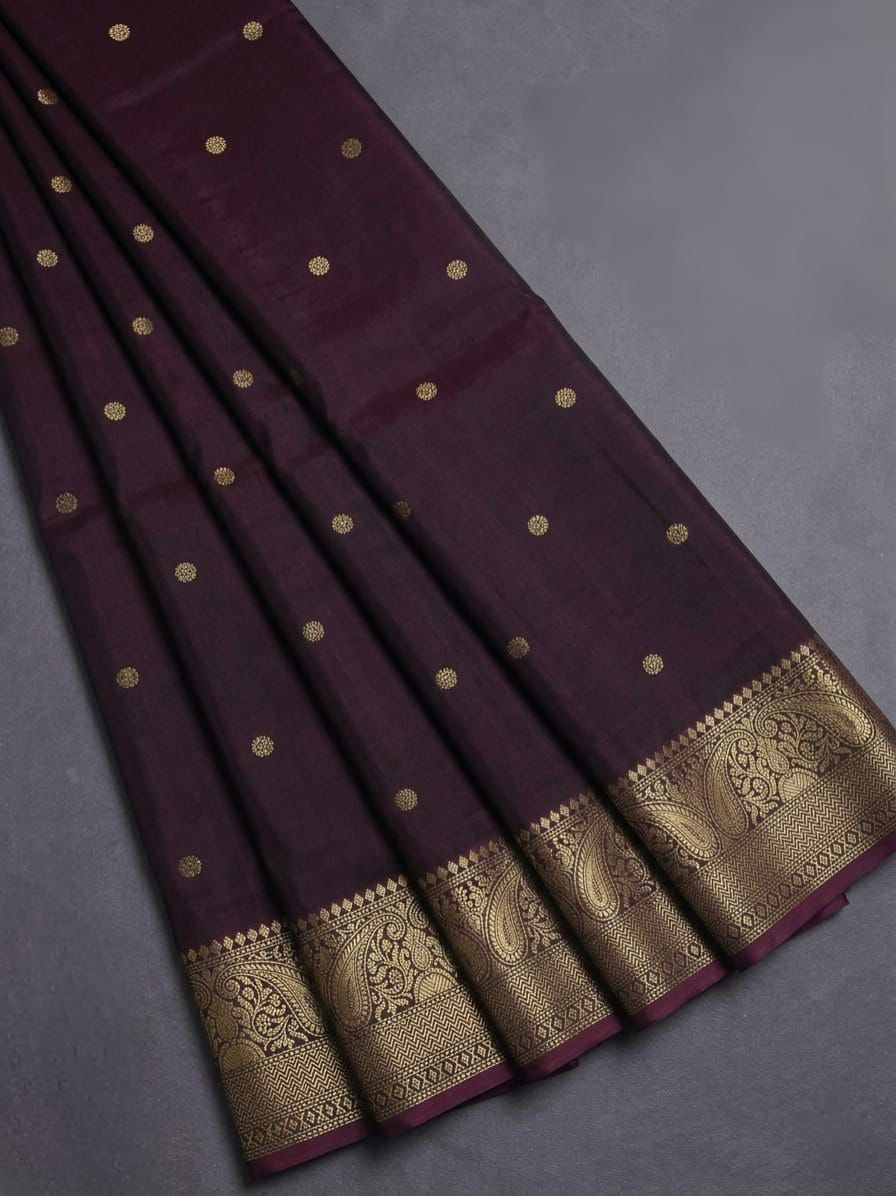 Beautiful semi katan Banarasi silk saree with buttis all over and zari pallu and blouse