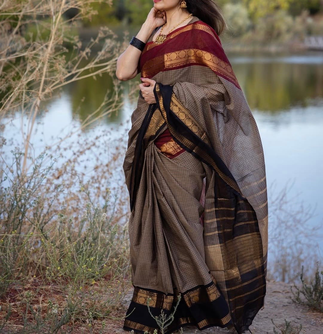 Pure kanchi cotton saree with red and black border