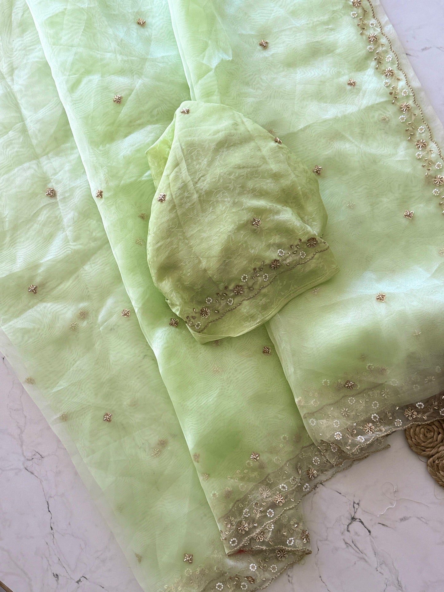 Premium semi organza Tissue saree in Pastel Shades With beads Work And Scallop border