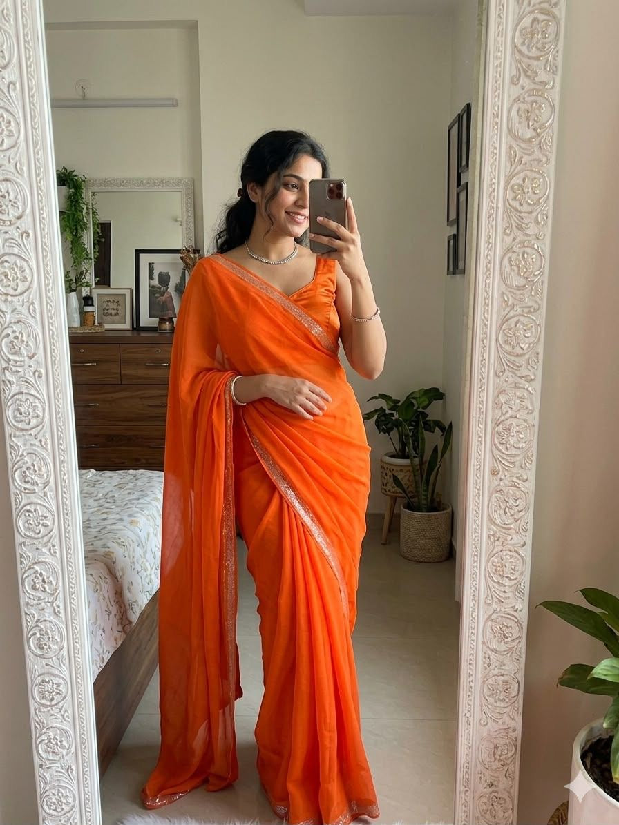 Beautiful viscous plain georgette saree with satin border and running blouse