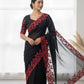 Soft tabby organza saree with red thread embroidered scallop border