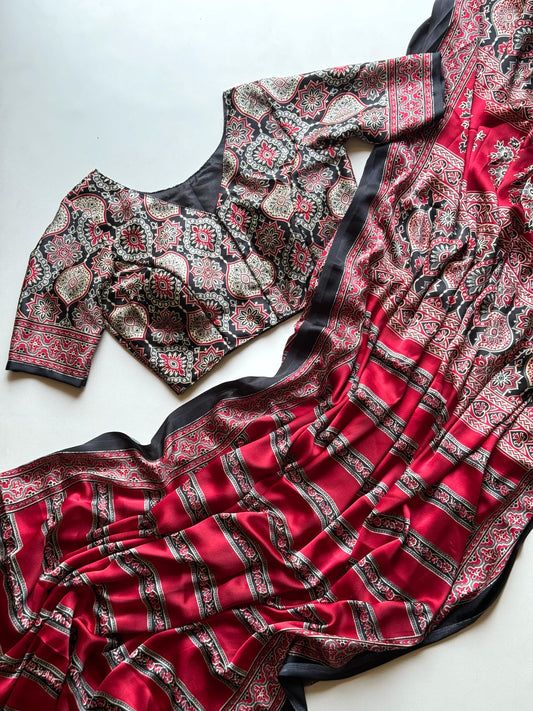 Semi modal silk saree with ajrakh prints