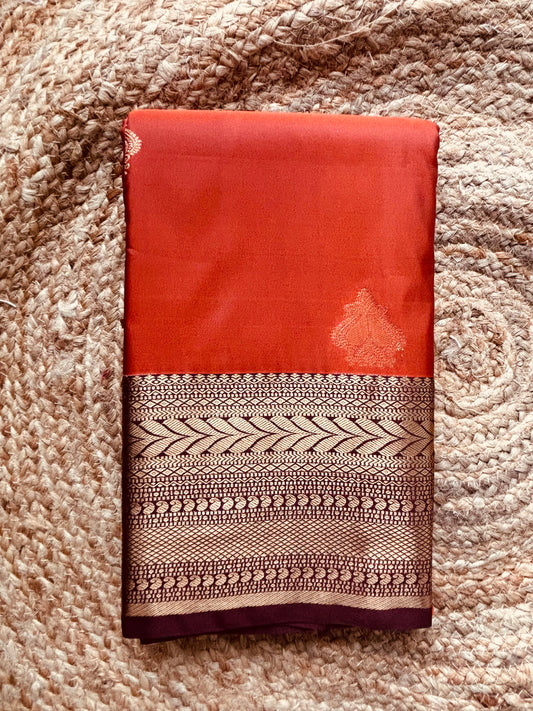Premium semi Kanchipuram silk saree - Rust orange / coffee brown