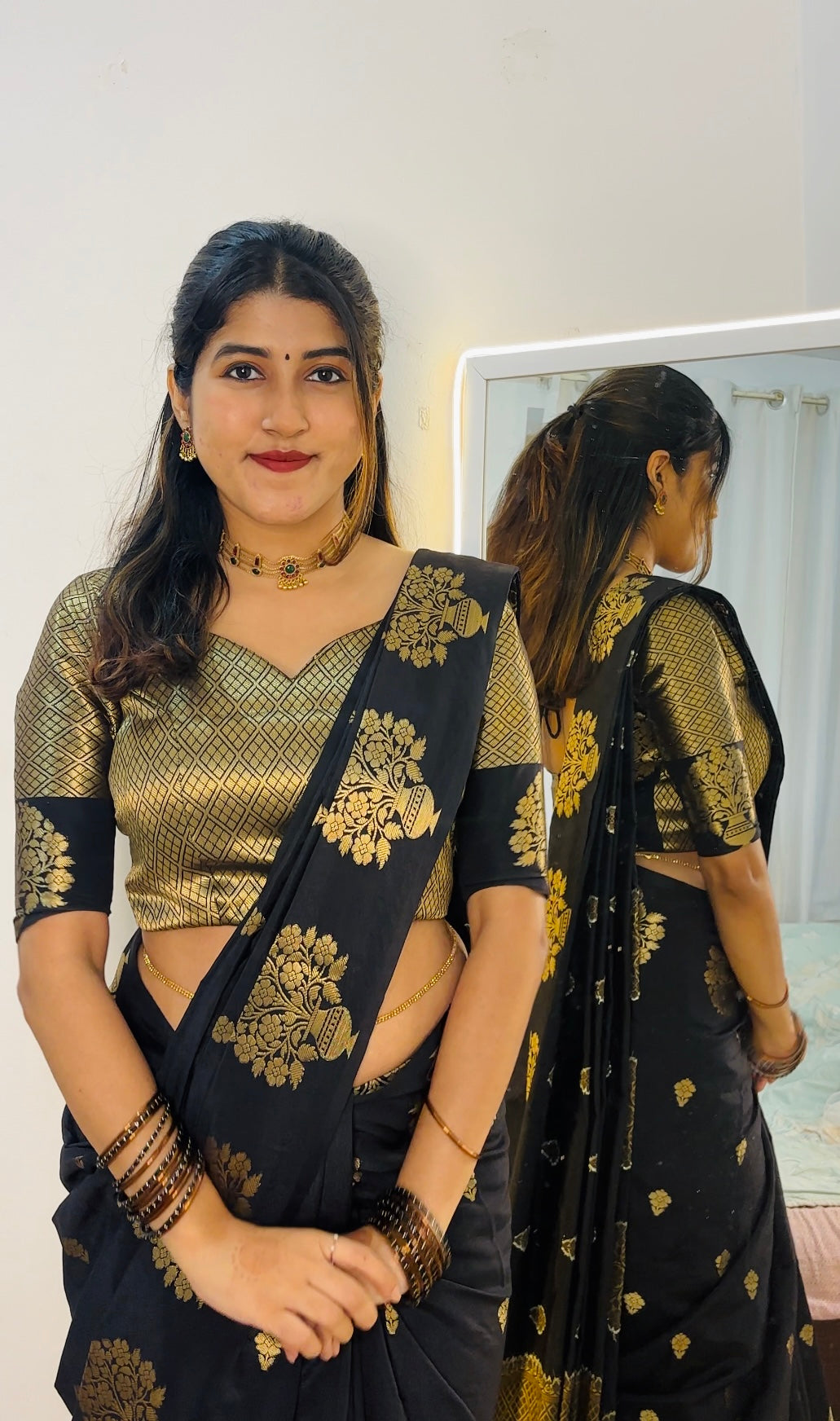 Semi katan Banarasi silk saree with beautiful weaving buttas