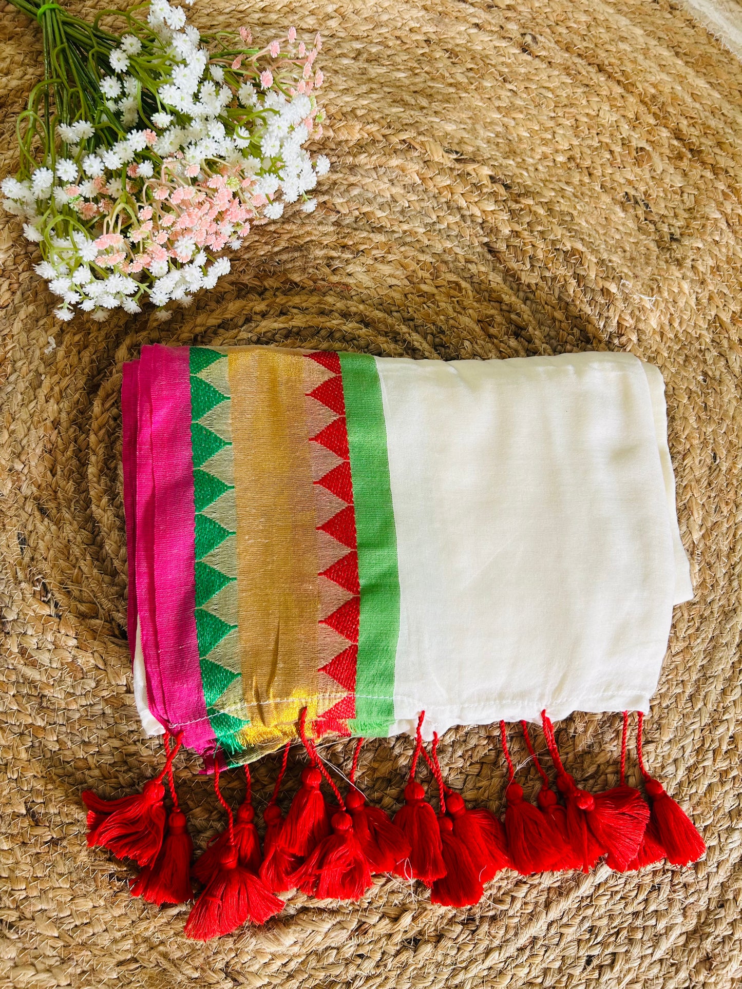 Pure authentic mul cotton saree with multicolor temple border