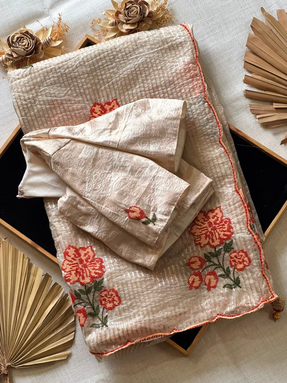 Premium kora organza saree with cross stitched embroidery and stripes