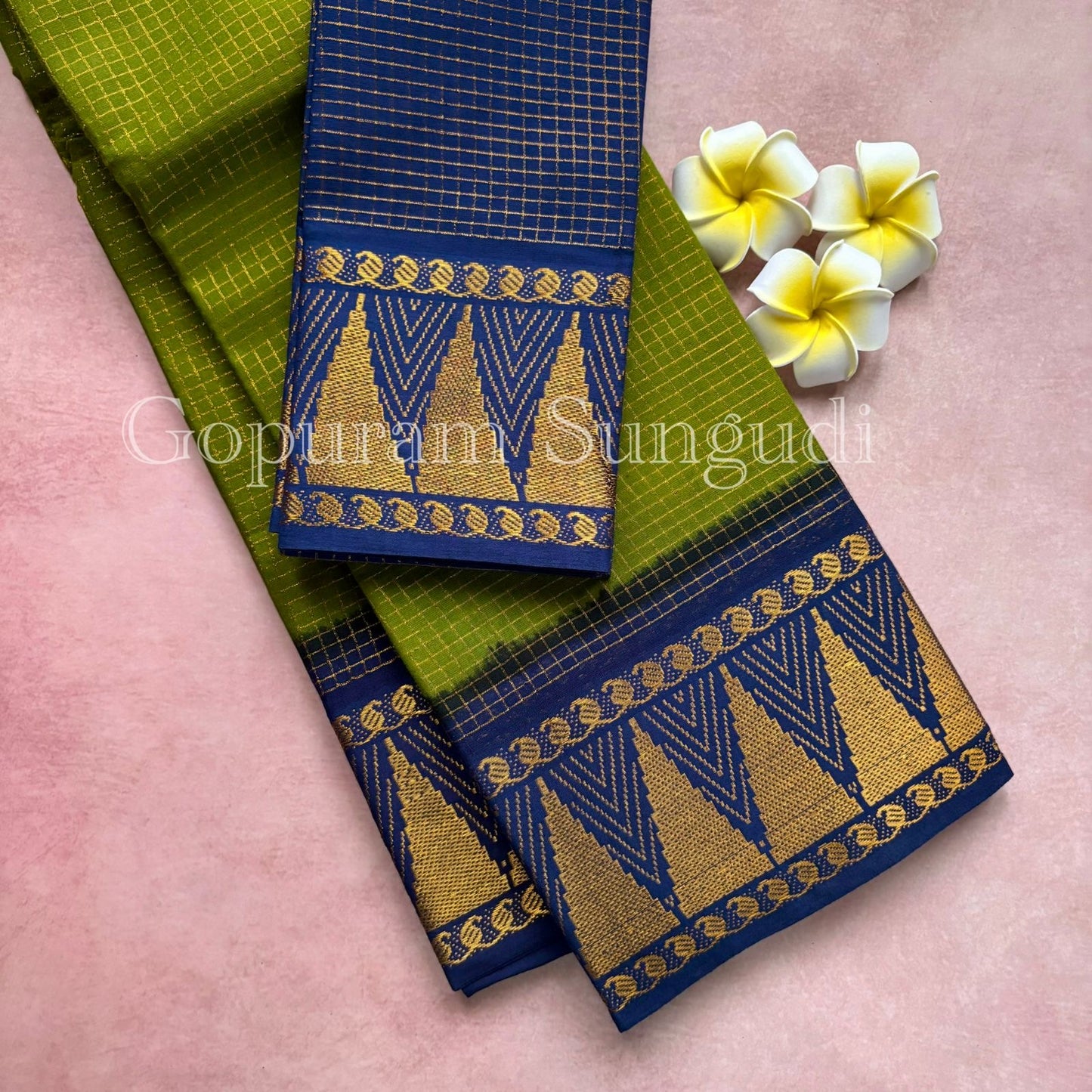 Pure sungudi cotton saree with mini checks and gopuram border