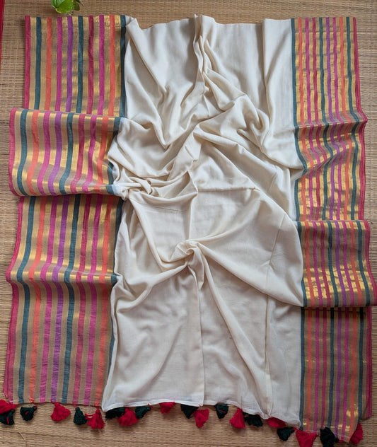 Pure and authentic mul cotton saree with broad multi color stripes zari border