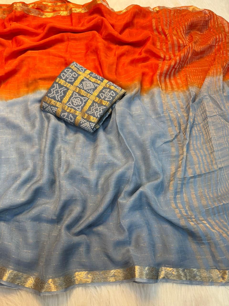 Beautiful ombre shaded viscous georgette check saree with bandhini blouse