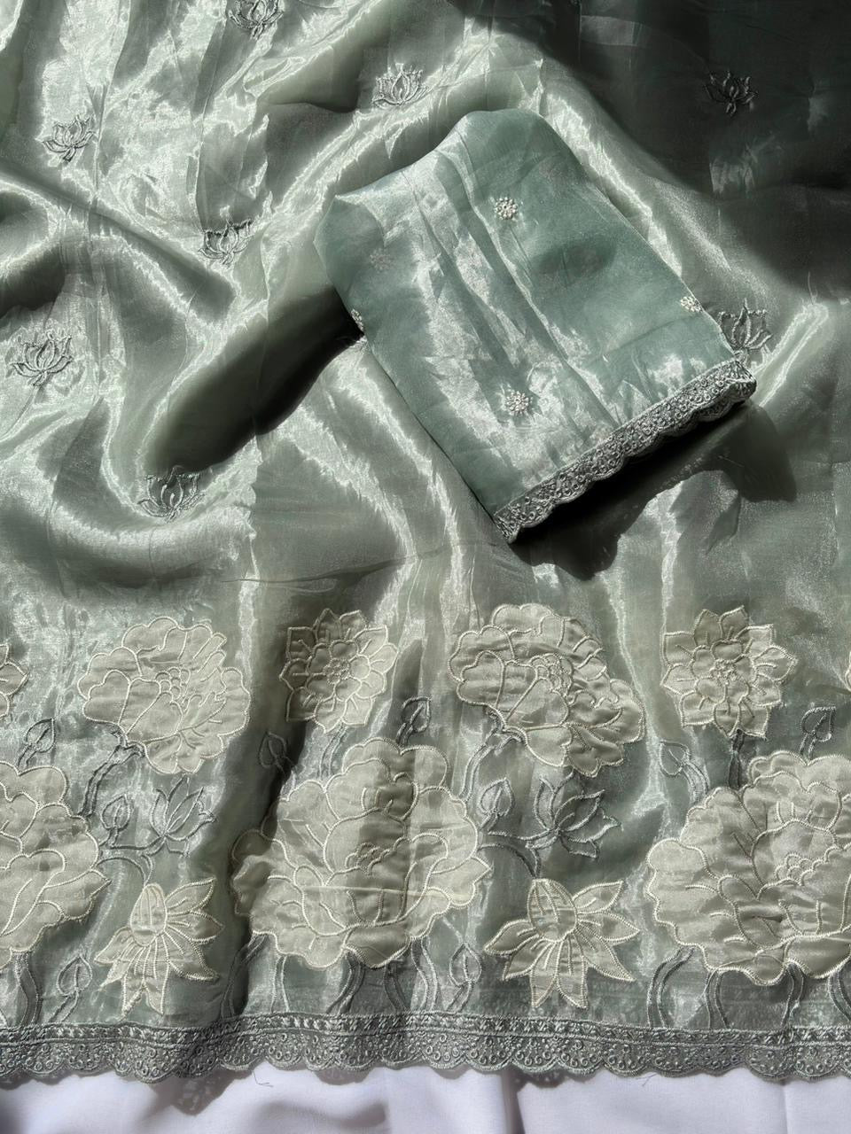 Floral appliqué embroidered shimmer saree
