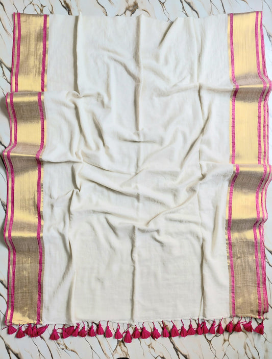 Pure authentic mul cotton saree with pink border