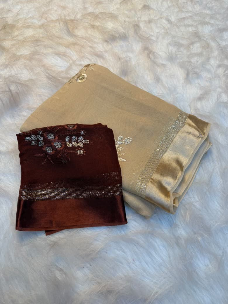Viscous georgette saree with floral embroidery and satin border