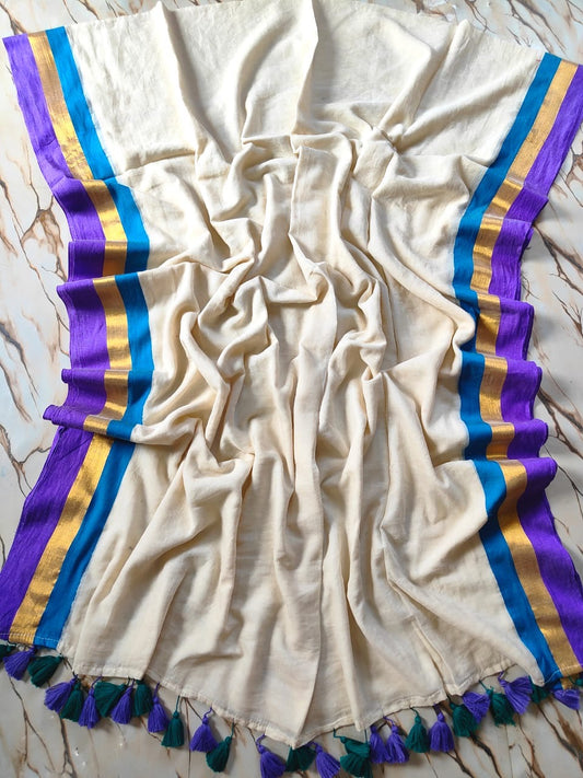Pure and authentic soft mul cotton saree with purple and blue zari border