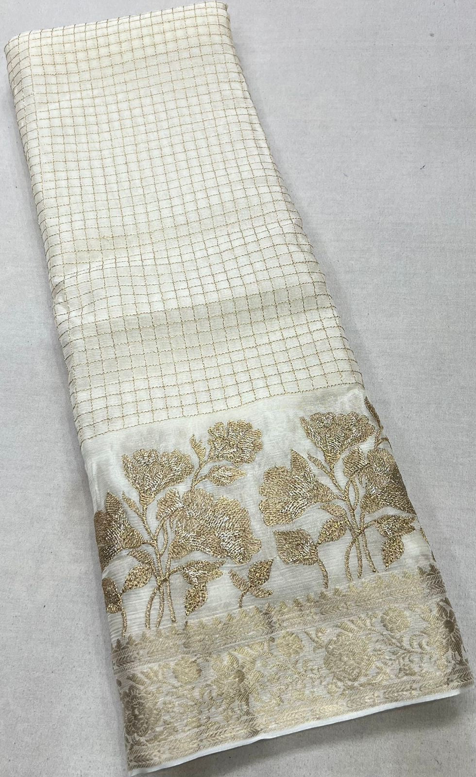 Gorgeous premium viscous chinon silk saree with zari checks and embroidered border