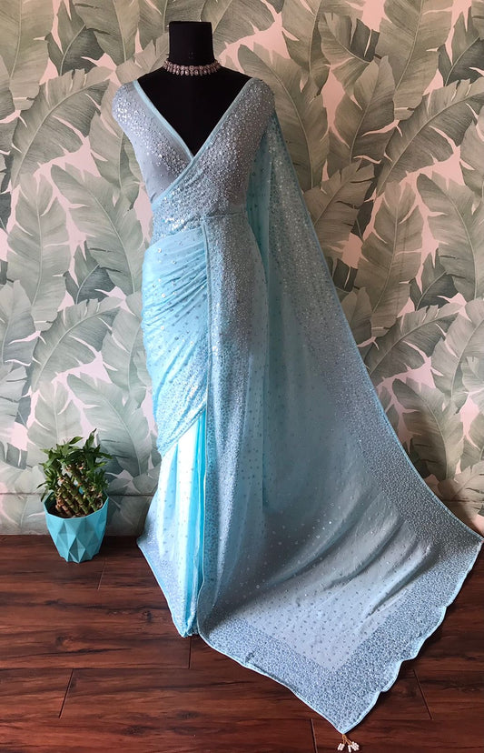 Pure Chinnon Silk saree with pearl sequins handwork