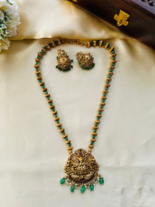 Beautiful Lakshmi temple pendant green beaded haaram