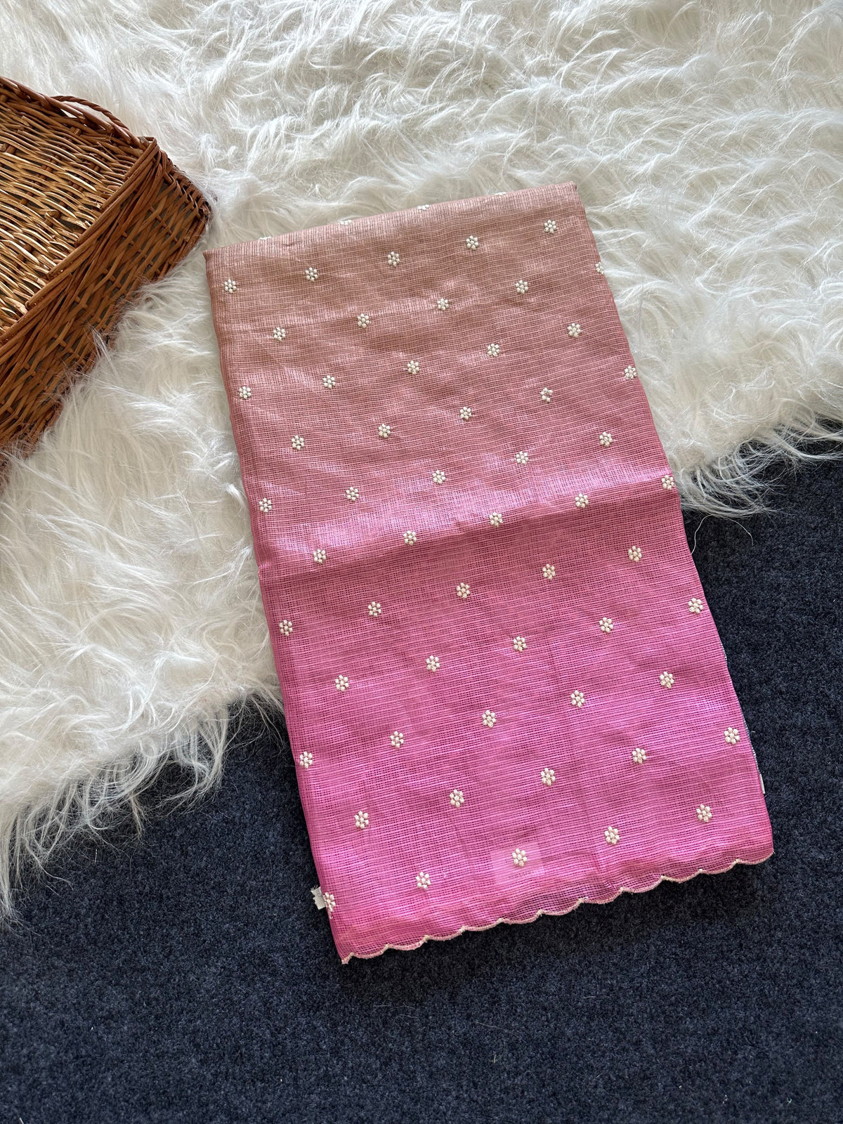Beautiful kota doria saree with white buti weaving and scalloped border