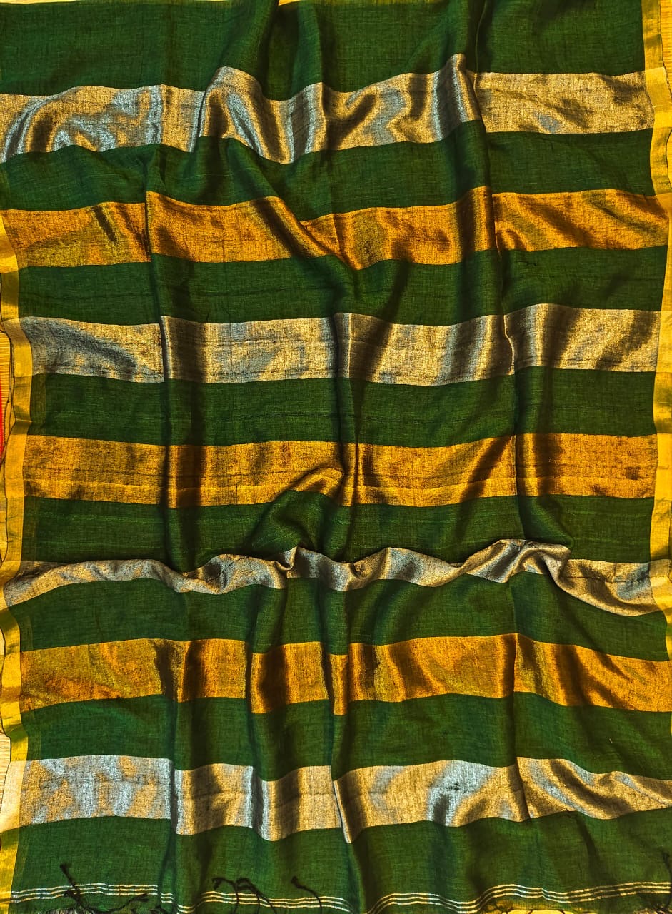 Linen sarees with gold silver zari stripes all over!