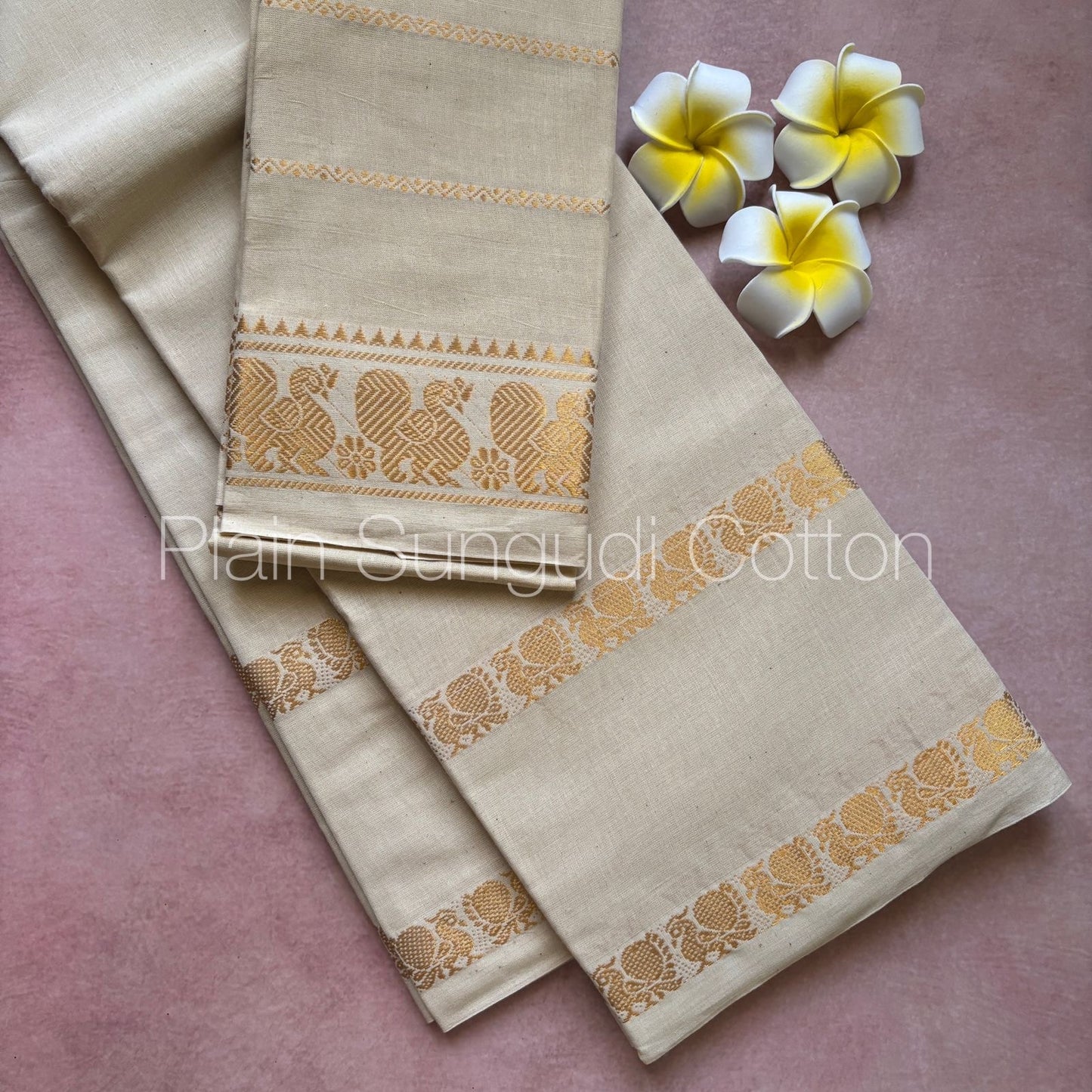 Pure plain sungudi cotton saree with double peacock border - white