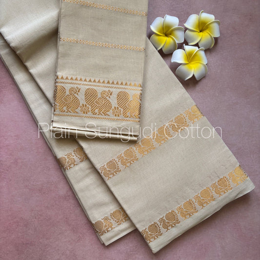 Pure plain sungudi cotton saree with double peacock border - white