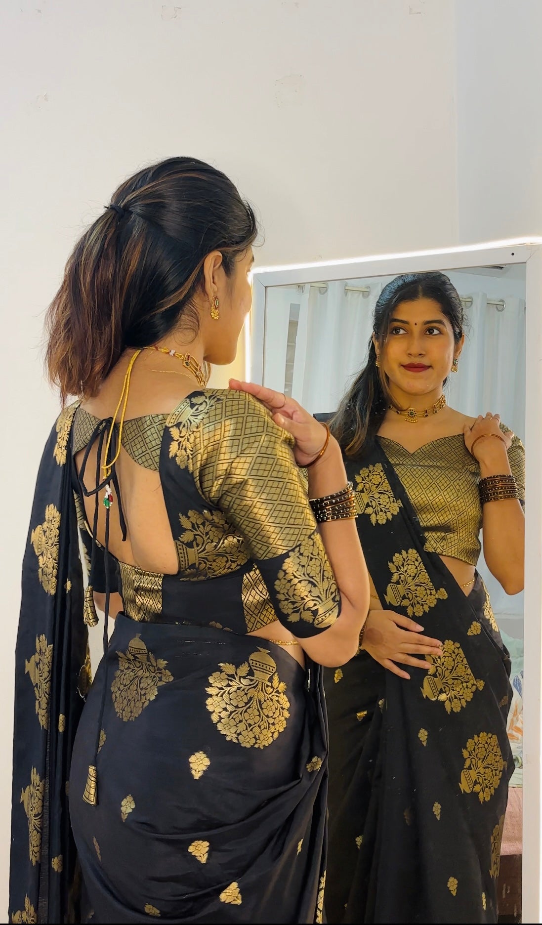 Semi katan Banarasi silk saree with beautiful weaving buttas