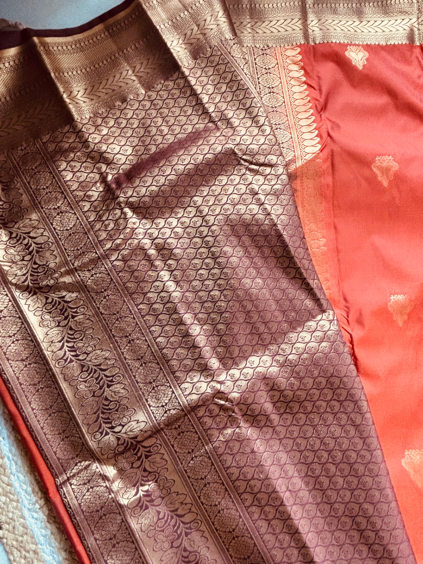 Premium semi Kanchipuram silk saree - Rust orange / coffee brown